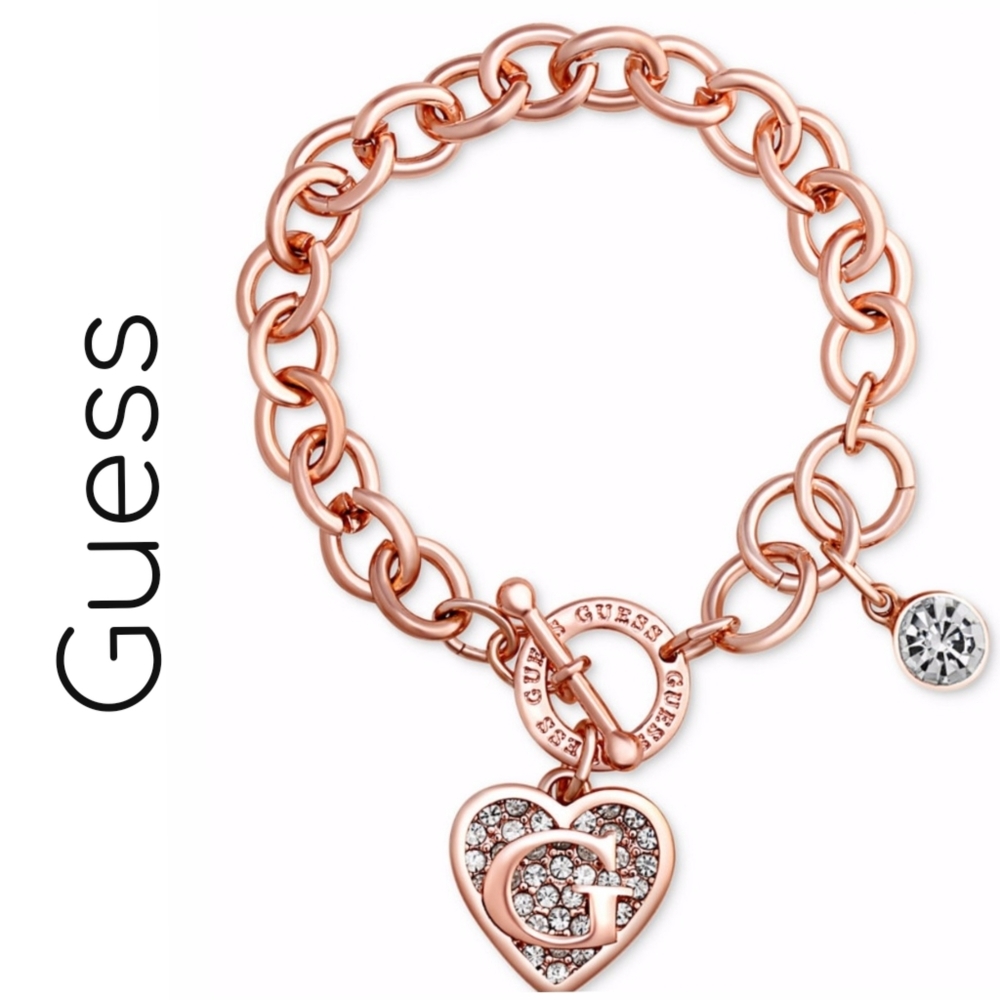 Guess RoseGold-Tone Large ChainLink Logo Heart Charm Bracelet w/ Toggle Closure
